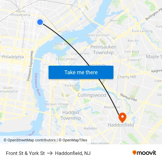 Front St & York St to Haddonfield, NJ map