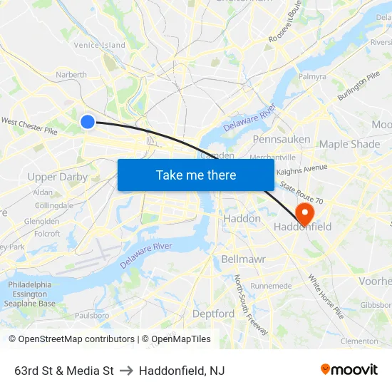 63rd St & Media St to Haddonfield, NJ map