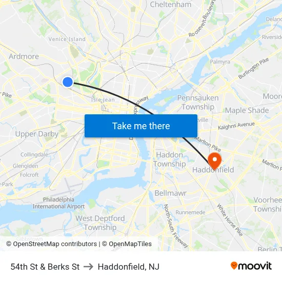 54th St & Berks St to Haddonfield, NJ map