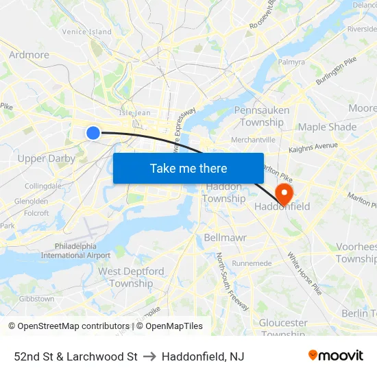 52nd St & Larchwood St to Haddonfield, NJ map
