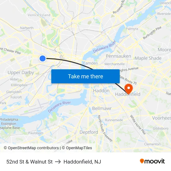 52nd St & Walnut St to Haddonfield, NJ map