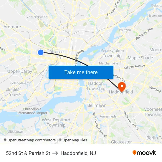 52nd St & Parrish St to Haddonfield, NJ map
