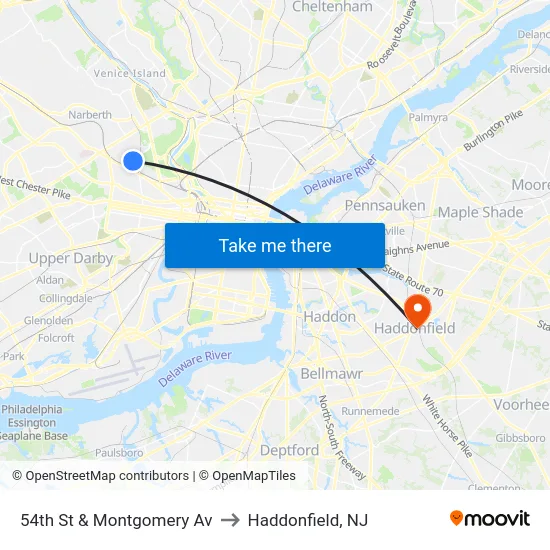 54th St & Montgomery Av to Haddonfield, NJ map