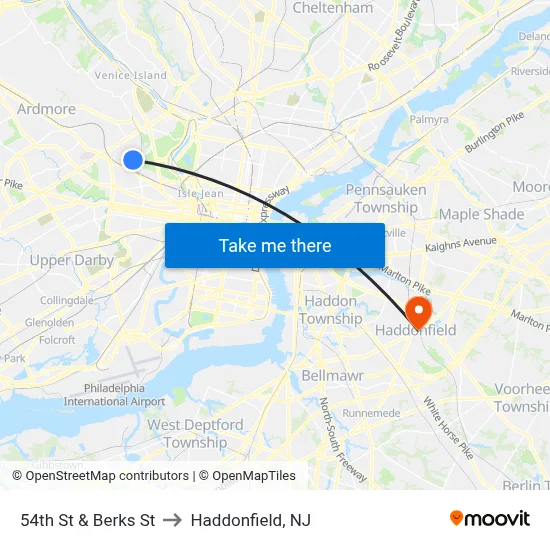 54th St & Berks St to Haddonfield, NJ map