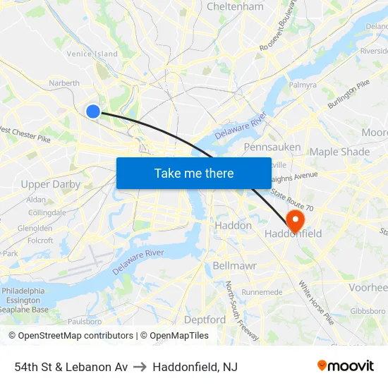 54th St & Lebanon Av to Haddonfield, NJ map