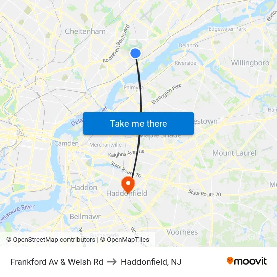 Frankford Av & Welsh Rd to Haddonfield, NJ map