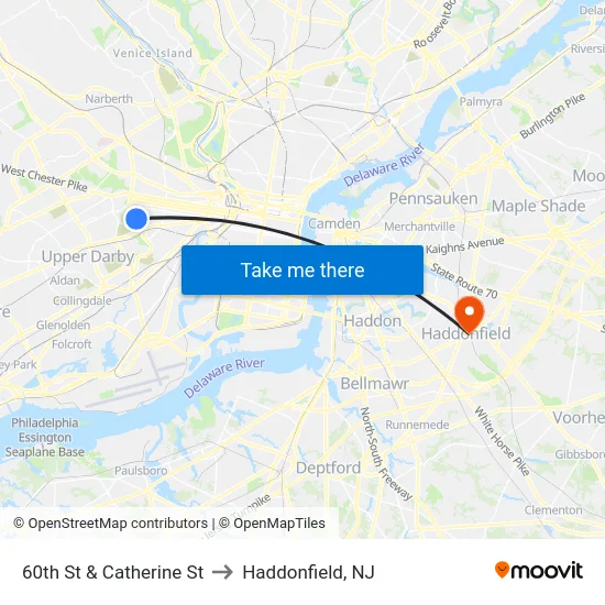 60th St & Catherine St to Haddonfield, NJ map