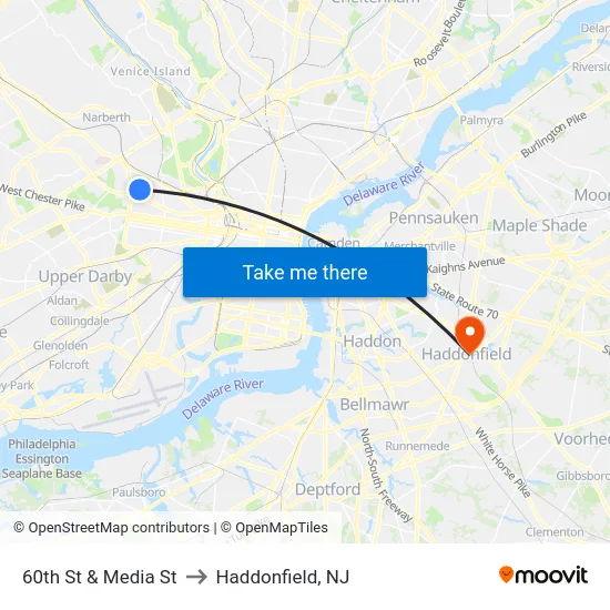 60th St & Media St to Haddonfield, NJ map
