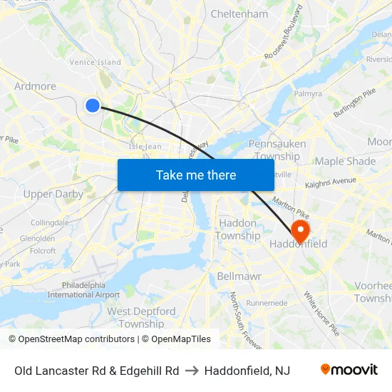 Old Lancaster Rd & Edgehill Rd to Haddonfield, NJ map