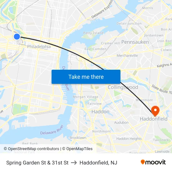 Spring Garden St & 31st St to Haddonfield, NJ map