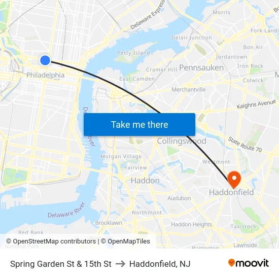 Spring Garden St & 15th St to Haddonfield, NJ map