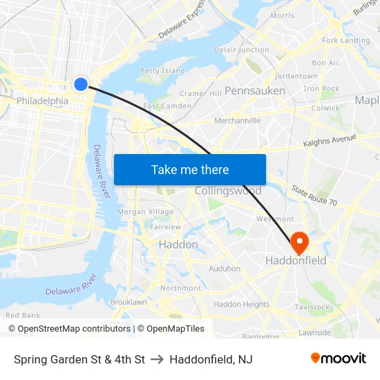 Spring Garden St & 4th St to Haddonfield, NJ map
