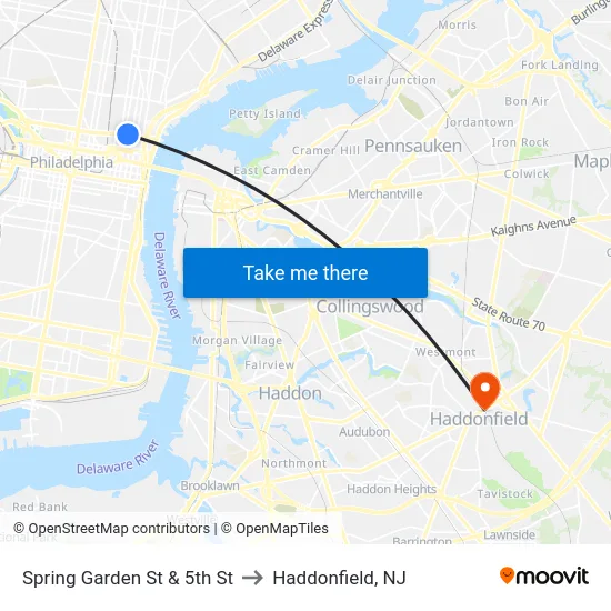 Spring Garden St & 5th St to Haddonfield, NJ map