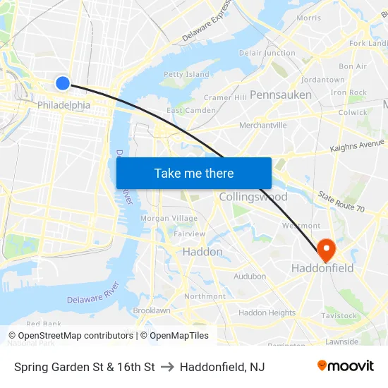 Spring Garden St & 16th St to Haddonfield, NJ map