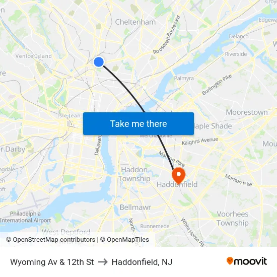 Wyoming Av & 12th St to Haddonfield, NJ map
