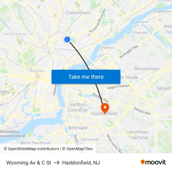 Wyoming Av & C St to Haddonfield, NJ map