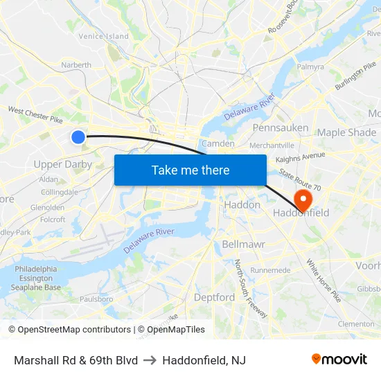 Marshall Rd & 69th Blvd to Haddonfield, NJ map