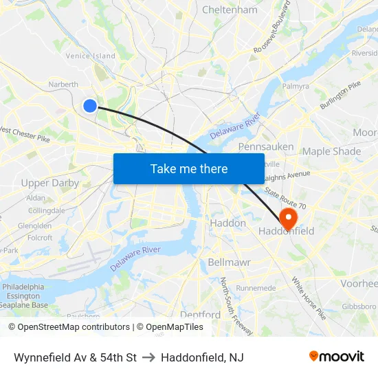 Wynnefield Av & 54th St to Haddonfield, NJ map