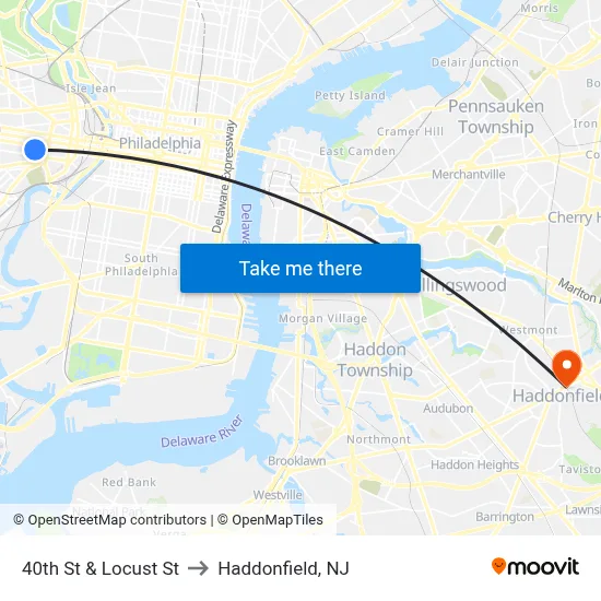 40th St & Locust St to Haddonfield, NJ map