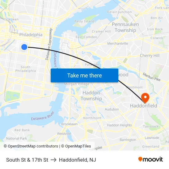 South St & 17th St to Haddonfield, NJ map