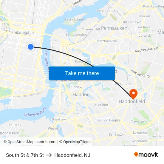 South St & 7th St to Haddonfield, NJ map