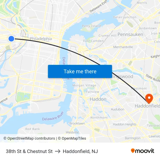 38th St & Chestnut St to Haddonfield, NJ map