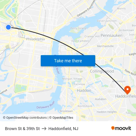 Brown St & 39th St to Haddonfield, NJ map