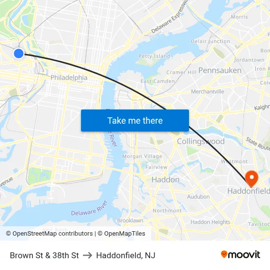 Brown St & 38th St to Haddonfield, NJ map