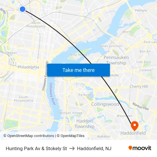 Hunting Park Av & Stokely St to Haddonfield, NJ map