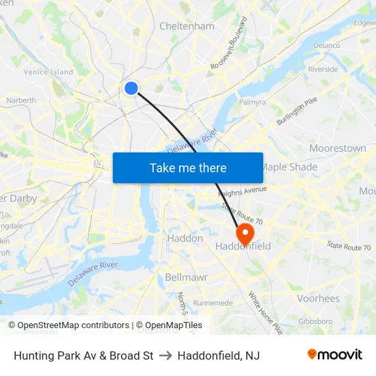 Hunting Park Av & Broad St to Haddonfield, NJ map