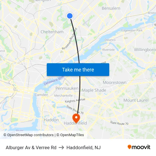 Alburger Av & Verree Rd to Haddonfield, NJ map