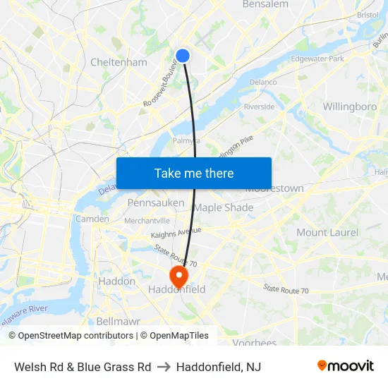 Welsh Rd & Blue Grass Rd to Haddonfield, NJ map