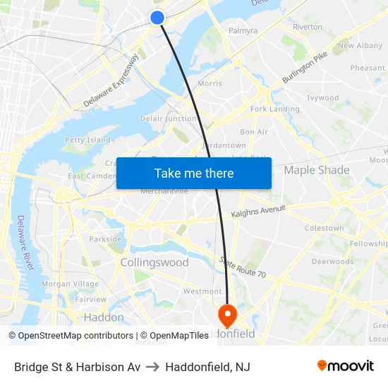 Bridge St & Harbison Av to Haddonfield, NJ map