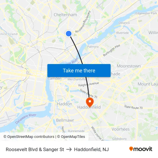 Roosevelt Blvd & Sanger St to Haddonfield, NJ map