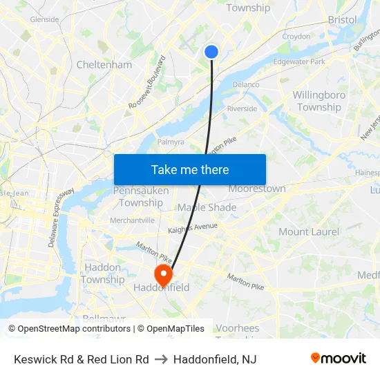 Keswick Rd & Red Lion Rd to Haddonfield, NJ map