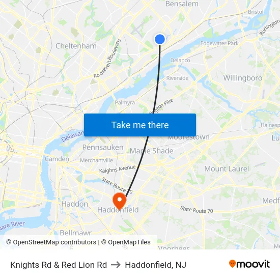 Knights Rd & Red Lion Rd to Haddonfield, NJ map