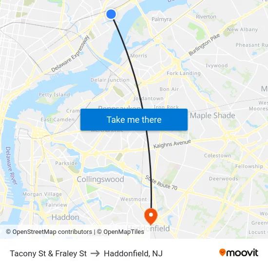 Tacony St & Fraley St to Haddonfield, NJ map