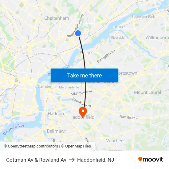 Cottman Av & Rowland Av to Haddonfield, NJ map