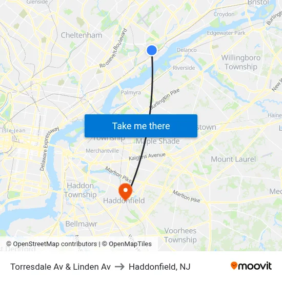 Torresdale Av & Linden Av to Haddonfield, NJ map