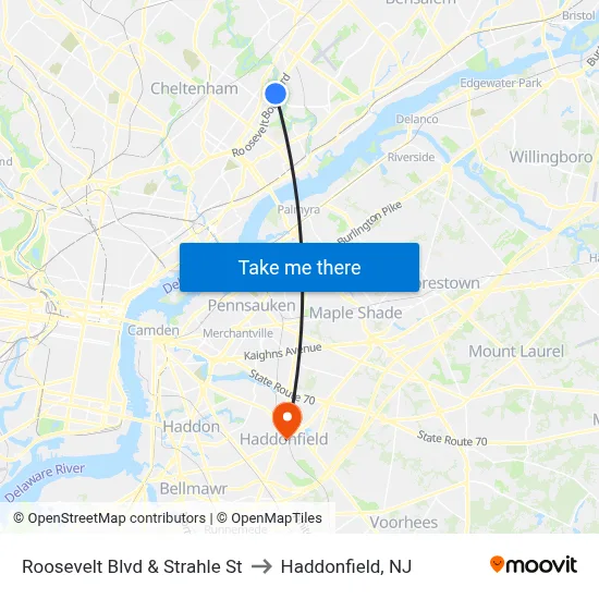 Roosevelt Blvd & Strahle St to Haddonfield, NJ map