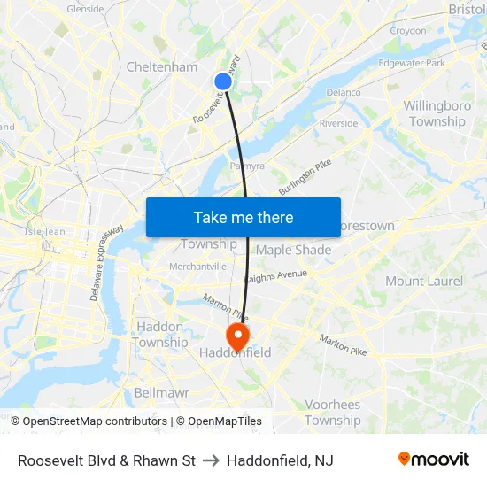 Roosevelt Blvd & Rhawn St to Haddonfield, NJ map