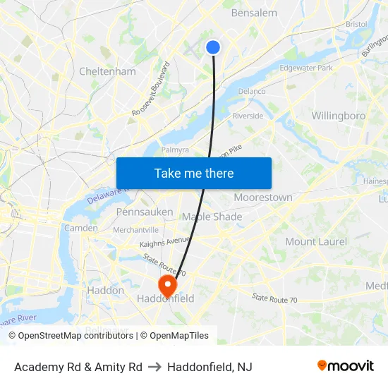 Academy Rd & Amity Rd to Haddonfield, NJ map