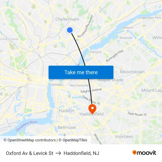 Oxford Av & Levick St to Haddonfield, NJ map