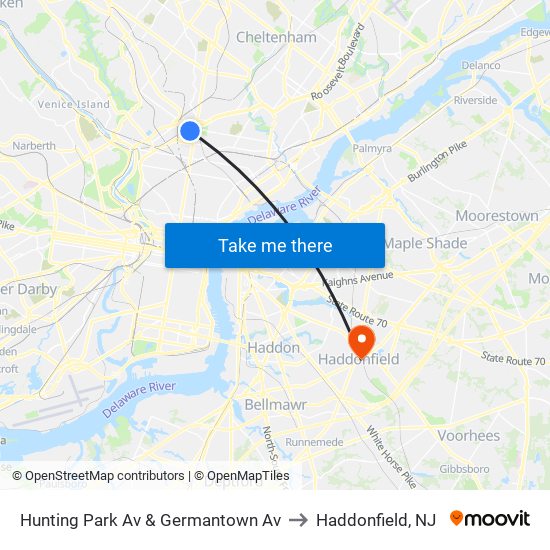 Hunting Park Av & Germantown Av to Haddonfield, NJ map