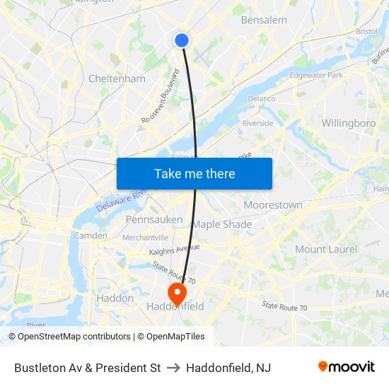 Bustleton Av & President St to Haddonfield, NJ map