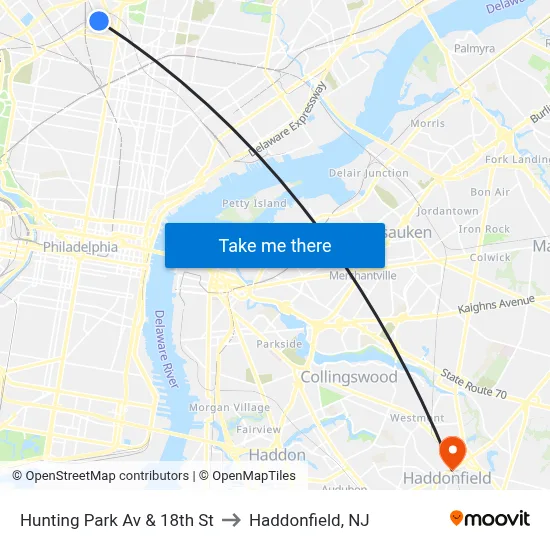 Hunting Park Av & 18th St to Haddonfield, NJ map