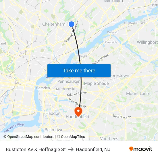 Bustleton Av & Hoffnagle St to Haddonfield, NJ map