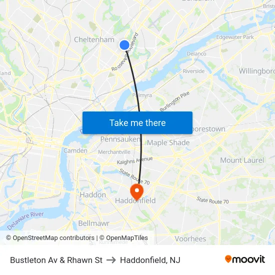 Bustleton Av & Rhawn St to Haddonfield, NJ map