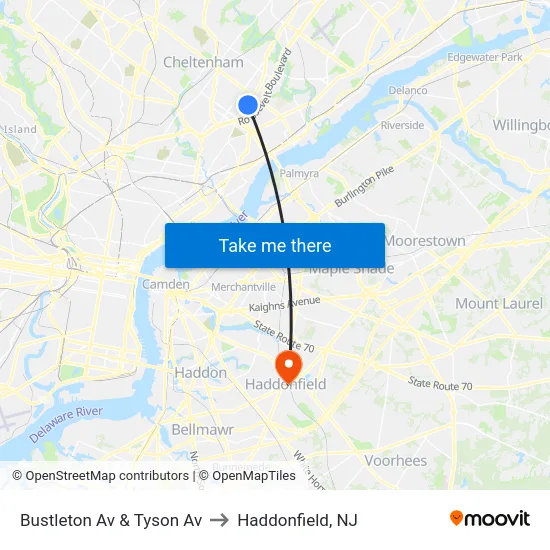 Bustleton Av & Tyson Av to Haddonfield, NJ map