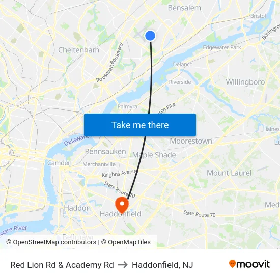 Red Lion Rd & Academy Rd to Haddonfield, NJ map